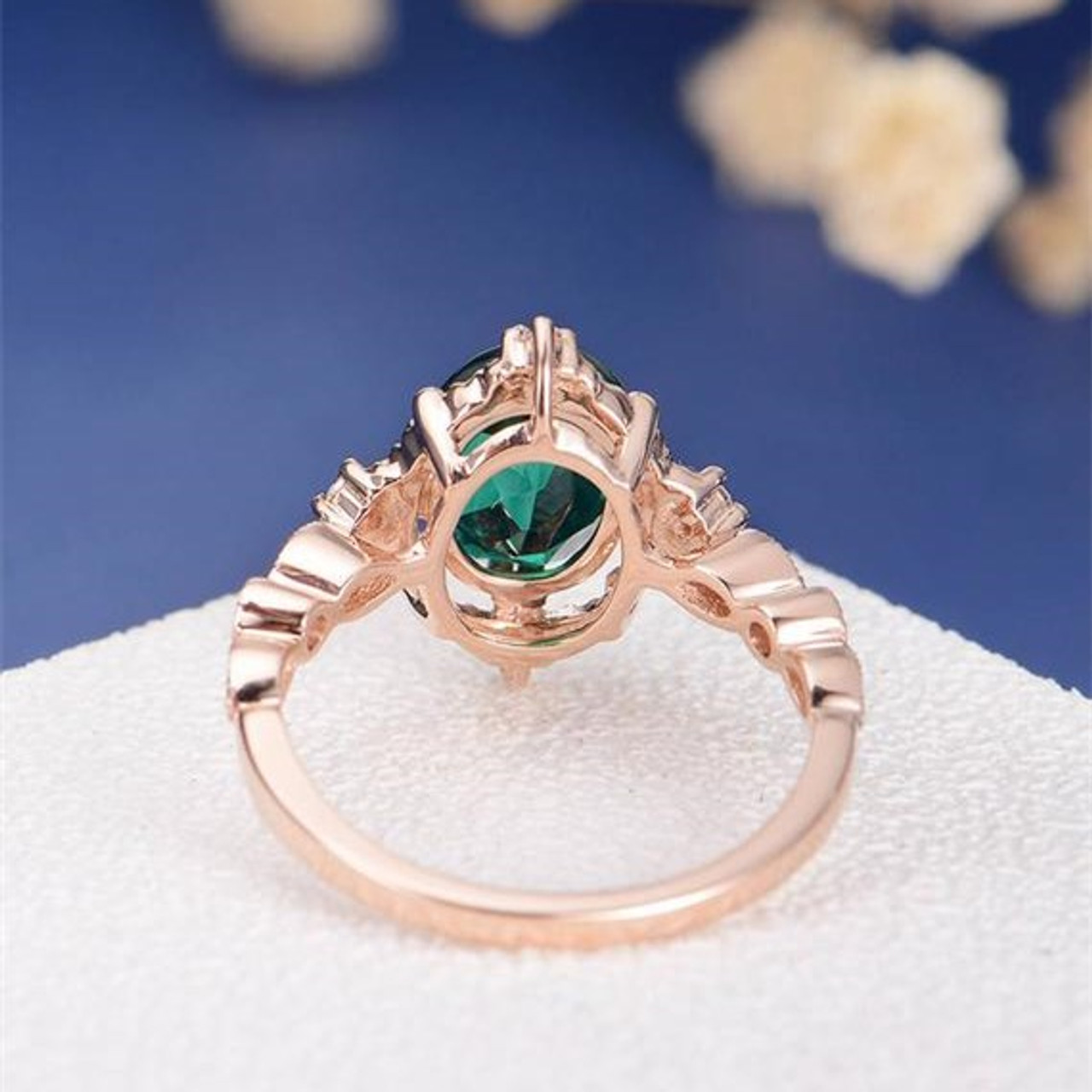 Oval Cut Lab Emerald Unique Art Deco Eternity Engagement Ring