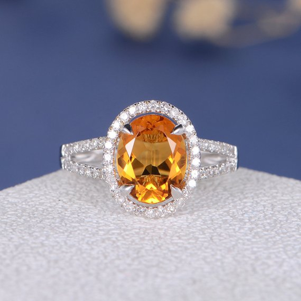 Oval Cut Citrine Halo Diamond Split Shank Half Eternity Wedding Ring