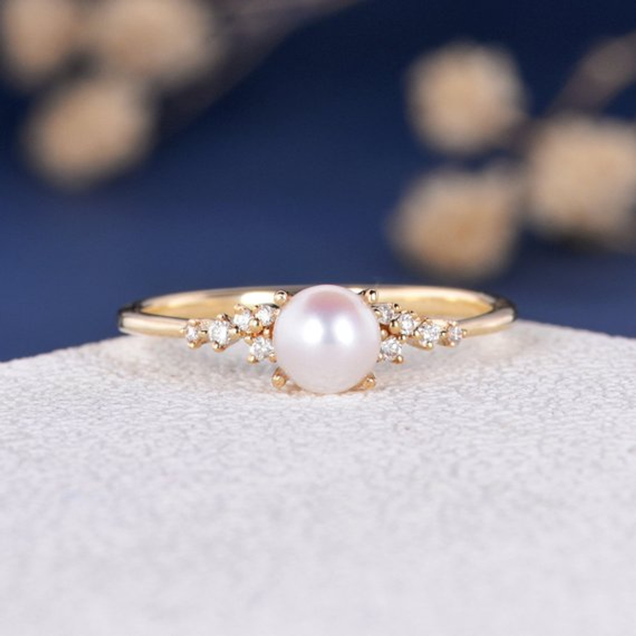 5mm Akoya Pearl Engagement Ring Flower Unique Wedding Yellow Gold