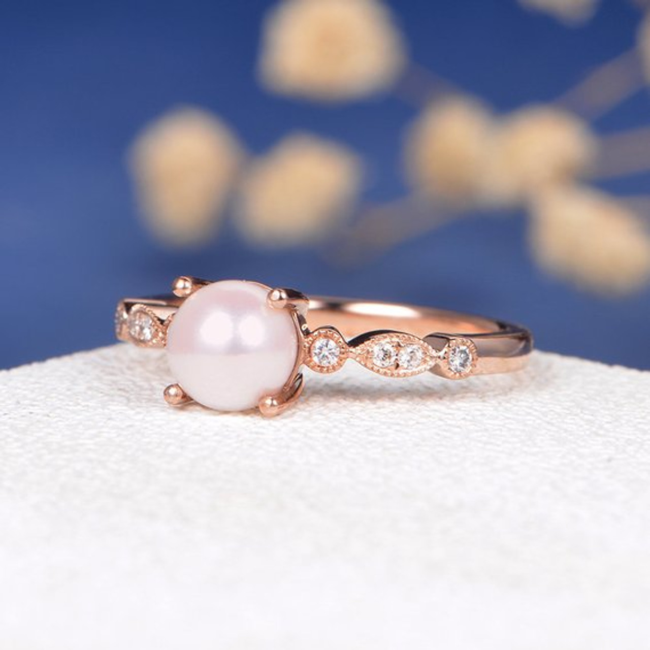 Pearl Engagement Ring Rose Gold Promise Antique Art Deco