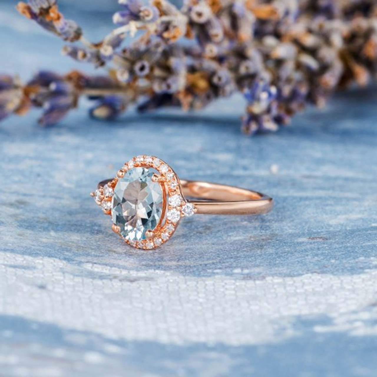 6*8mm Oval Aquamarine Diamond Halo Unique Antique Engagement Ring