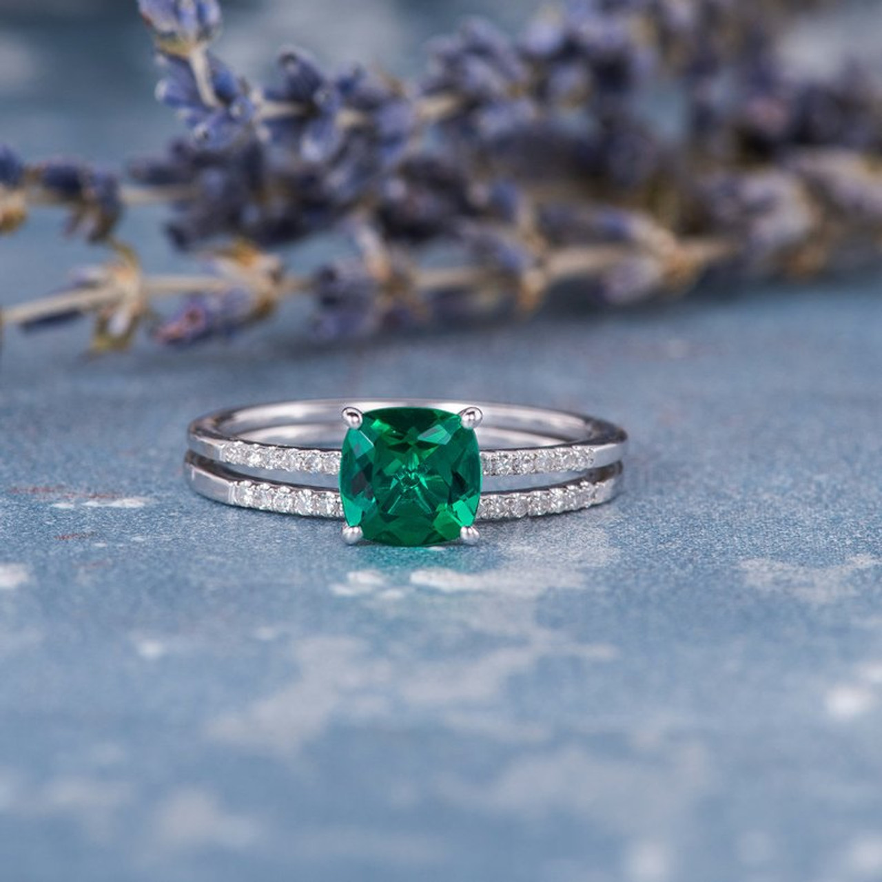 Cushion Cut Lab Emerald Stacking Thin Engagement Ring Set