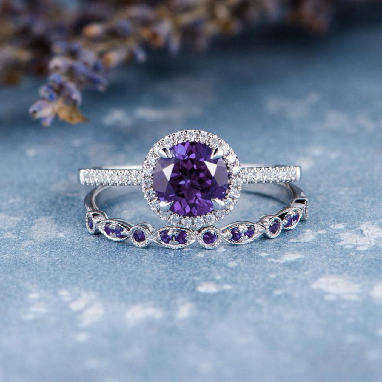 diamond promise ring Vintage Gold Amethyst and Diamond Band february birthstone vintage gold band -vintage engagement amethyst band