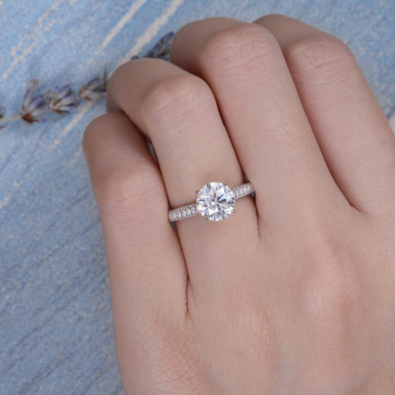 Mm Round Diamond Round Moissanite Engagement White Gold