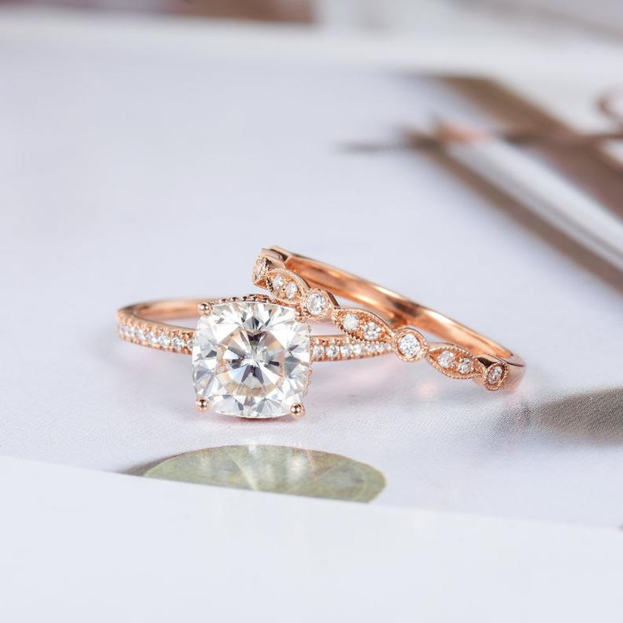 Cushion Cut Moissanite Engagement Rose Gold Bridal Ring Set