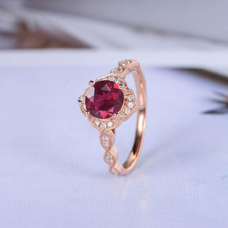 Rose Gold Ruby Engagement Ring Round Cut Diamond Wedding Ring