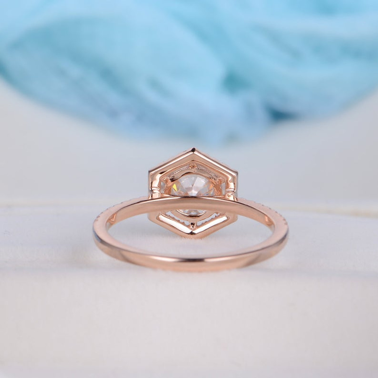 Round Moissanite Engagement Ring,Hexagon Halo Moissanite Ring,6 Prong Forever One Moissanite Ring,Dainty Geometric Certified Ruhi Art Jewels