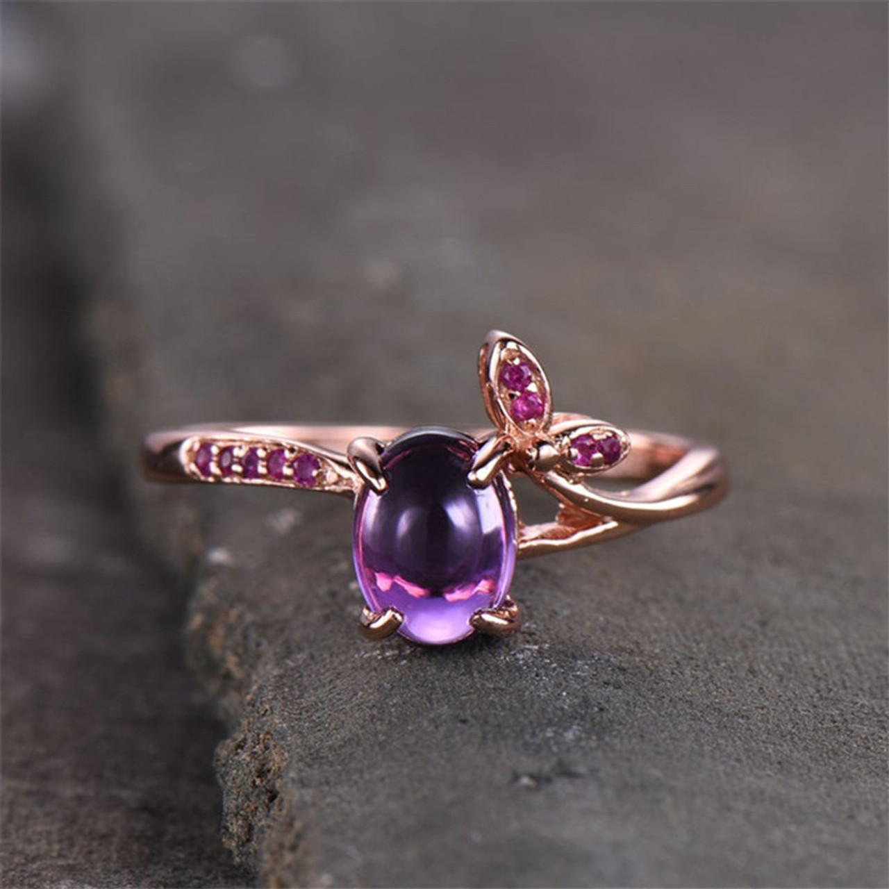 Teardrop Purple Amethyst Engagement Silver Ring Set- Pear Halo Amethyst 2  Rose Ring Set- Dark Purple Ring w/ Wedding Band