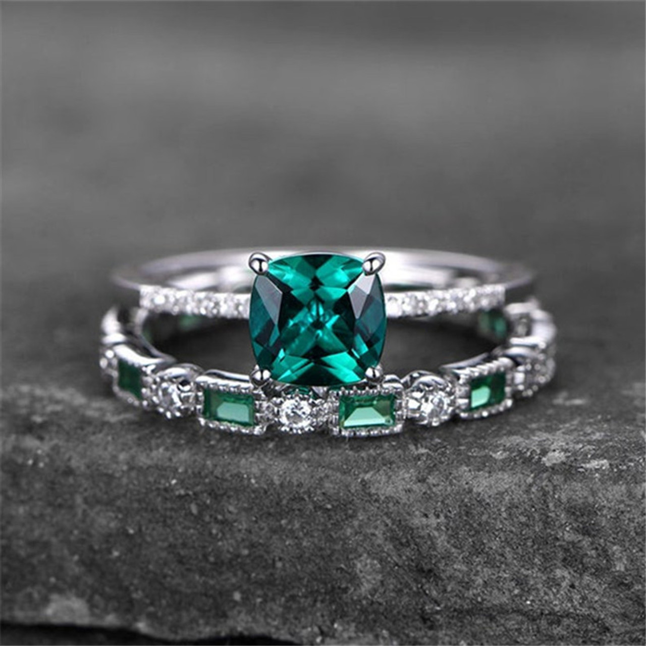 Evelyn. Lab Grown 3ctw. Emerald-Cut Diamond Bridal Set in 14k White Gold