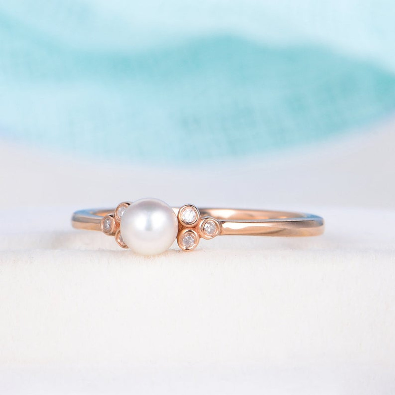 Natural Pearl Ring Bezel Rose Gold Engagement Ring June Birthstone ...