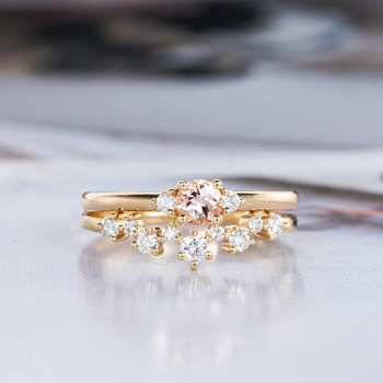 Yellow Gold 4mm Round Cut Morganite Bridal Set Engagement Ring Set
