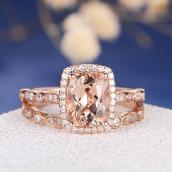 7*9mm Cushion Cut Morganite Art Deco Eternity Retro Halo Anniversary 2pcs