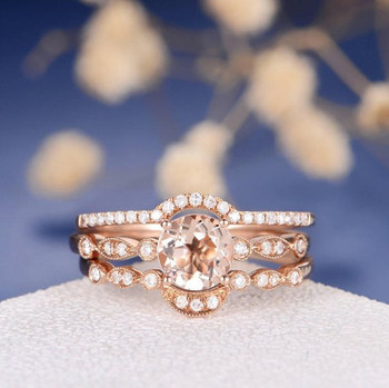 7mm Round Cut Morganite Bridal Set Flower Unique Eternity Wedding Band 