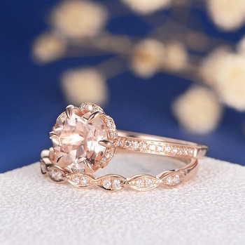 7mm Round Flower Morganite Rose Gold Wedding Ring Set 