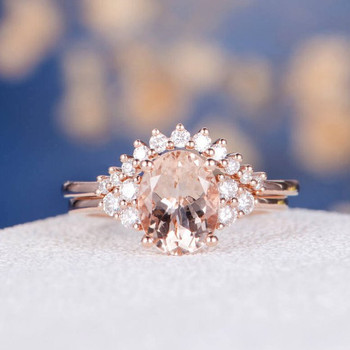 7*9mm Oval Cut Morganite Cluster Diamond Ring Custom Band Personalized