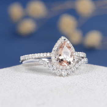 White Gold  6*8mm Pear Cut  Morganite Halo Diamond  Wedding Ring Set 