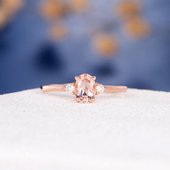 5*7mm Oval Cut Morganite Three Stone Diamond Engagement Ring