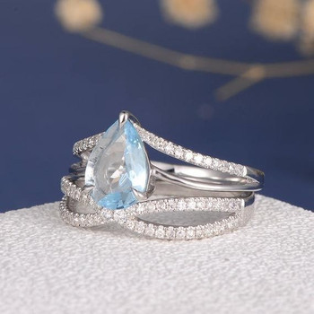 6*9mm Pear Cut Aquamarine Unique Cross Infinity Bridal Ring 