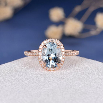 7*9mm Oval Cut Aquamarine Diamond Halo Engagement Ring