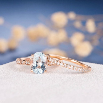 7*9mm Oval Cut Aquamarine Eternity Diamond Engagement Ring Set