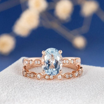 7*9mm Oval Cut Aquamarine Art Deco Engagement Ring Set