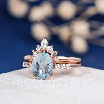 7*9mm Oval Cut Aquamarine Unique Engagement Ring Set