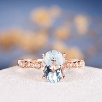 7*9mm Oval Cut  Aquamarine Infinity Diamond Retro Engagement Ring