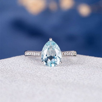 7*9mm Pear Cut  Aquamarine Solitaire Pave Half Eternity Engagement Ring