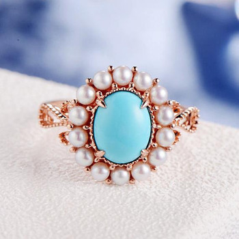 Antique Turquoise Art Deco Akoya Pearl Halo Engagement Ring