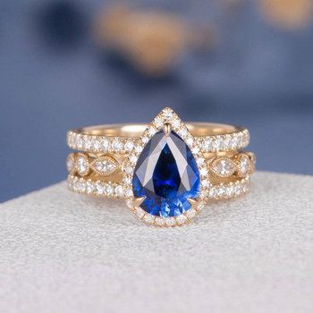 7*9mm Pear Shaped Lab Sapphire Art Deco Stackable  Engagement Ring Set