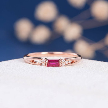 Dainty Baguette Ruby Diamond Cluster Rose Gold Engagement Ring