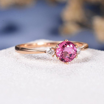 5mm Pink Tourmaline Three Stone Rubellite Wedding Ring