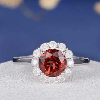 7mm Round Garnet Moissanite Snowflake Halo Engagement Ring