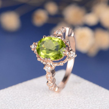 Peridot  Art Deco  Diamond Beaded Milgrain Unique  Engagement Ring