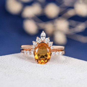 Oval Cut Citrine Curved Band Marquise Diamond Bridal Set