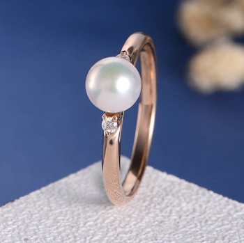 Pearl Three Stone Ring Diamond Minimalist Engagement Ring 