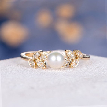 Pearl  Engagement Ring Flower Unique Diamond Leave Vine Art Deco 