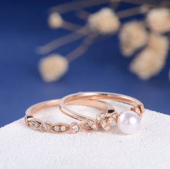 Pearl Diamond Leave Unique Vine Art Deco Engagement Ring Set 
