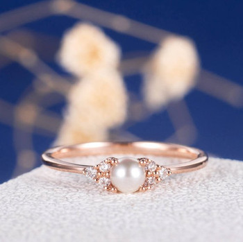 Pearl Diamond Leave Unique Vine Art Deco Engagement Ring Set