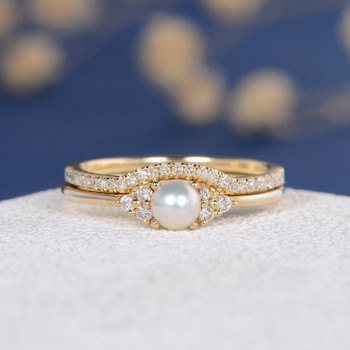 Pearl Engagement Ring Set Yellow Gold Diamond Eternity Antique Art Deco
