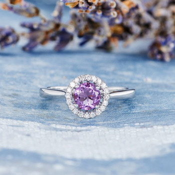 Diamond Halo Solitaire Purple  Amethyst Engagement Ring