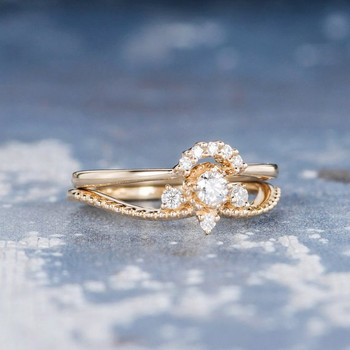 Unique Moissanite Curved Wedding Band Engagement Ring Set