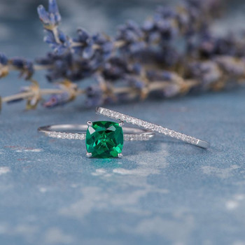 Cushion Cut Lab Emerald Stacking Thin Engagement Ring Set