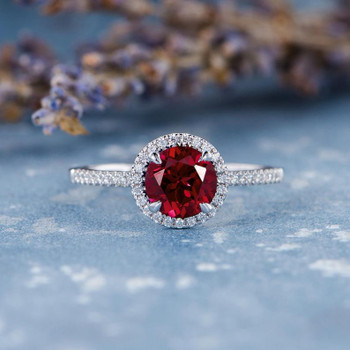 7mm Round Cut Lab Ruby Halo Thin BandEngagement Ring