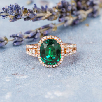 8*10mm Oval Cut Lab Emerald Retro Unique Antique Engagement Ring