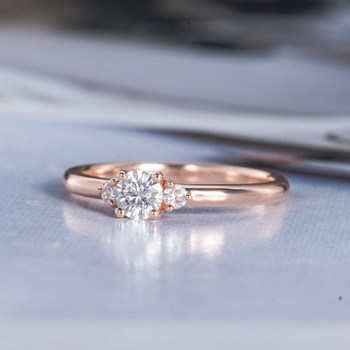 Three Stone Round Moissanite Engagement Rose Gold Wedding Ring