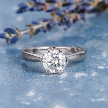 6.5mm Round Cut Moissanite Engagement White Gold Wedding Ring