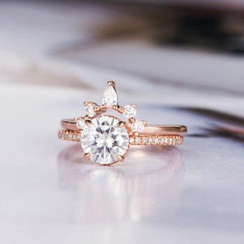 Round Moissanite Engagement Rose Gold Bridal Set Diamond Band