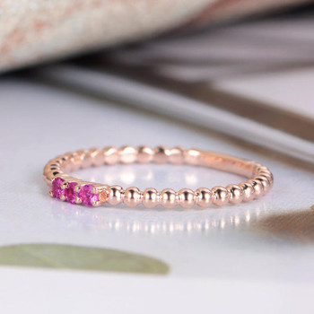 Natural Ruby Wedding Band Rose Gold Beaded Promise Ring Band