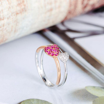 Double Band Rose Gold Ruby White Gold Diamond Promise Heart Ring